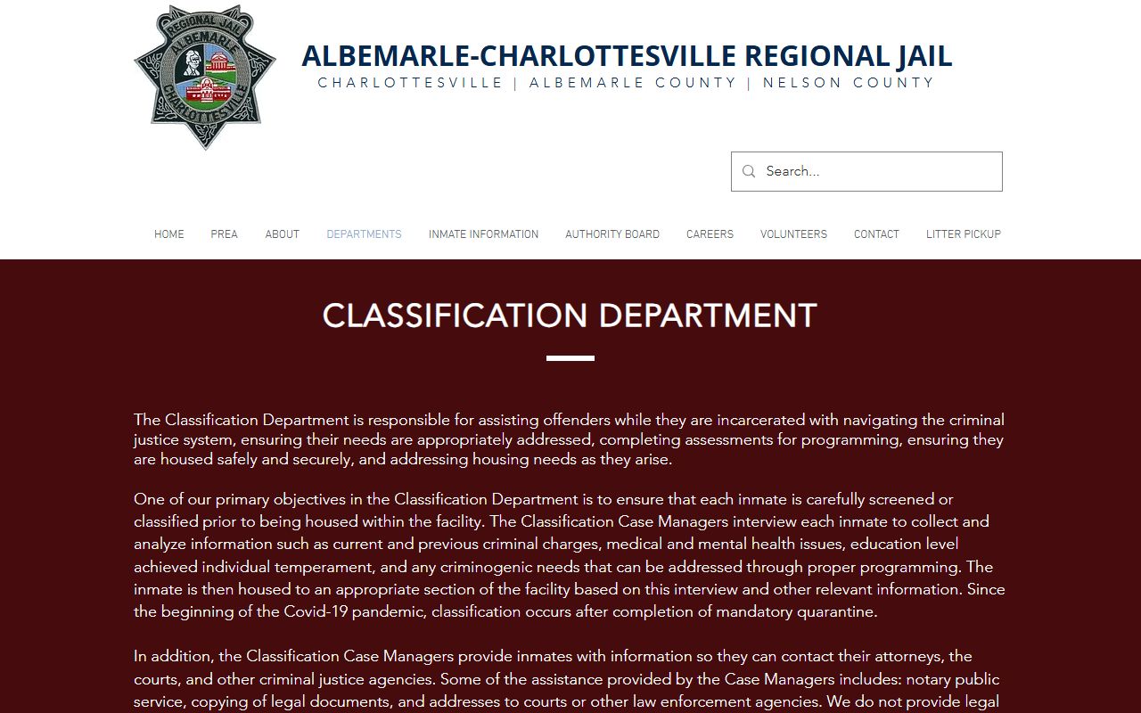Albemarle-Charlottesville Regional Jail classification process for Nelson County inmates